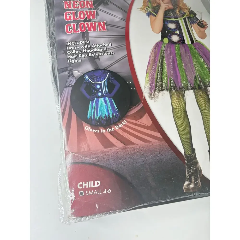 Girls Clown Costume Small Neon Glow In the Dark Halloween Dress Up